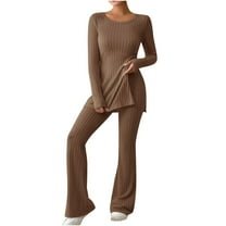 Plus Size 2 Picec of Outfit Sets for Womens Loose Suit Long Sleeve Solid Round Neck Top And Long Pants Set