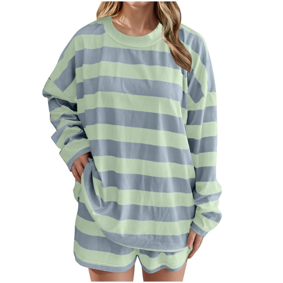 Plus Size 2 Picec of Outfit Sets for Womens Striped Knitted Long Sleeved Round Neck Top Pants Set