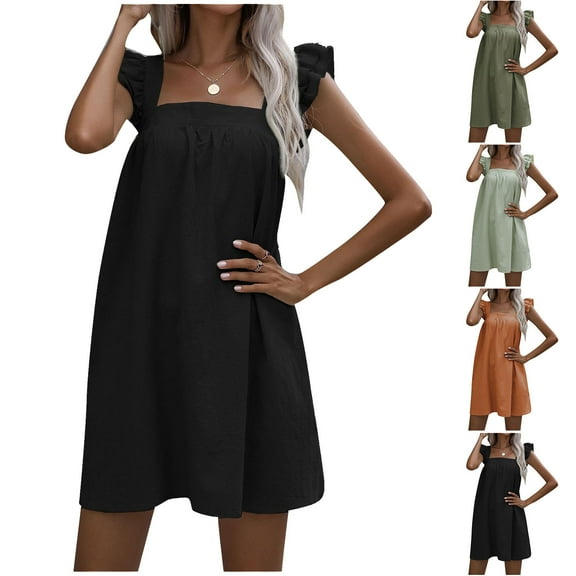 Plus Size Dresses for Women 2026 Fashion Camisole Skirt Loose Ruffled Solid Color Cotton Linen Dress