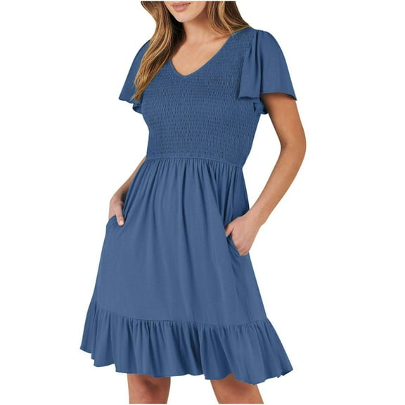 Plus Size Dresses for Women 2026 Fashion Mini Dresses Round Neck Casual Smocked Puff Sleeve Cute Short Dress With Pockets