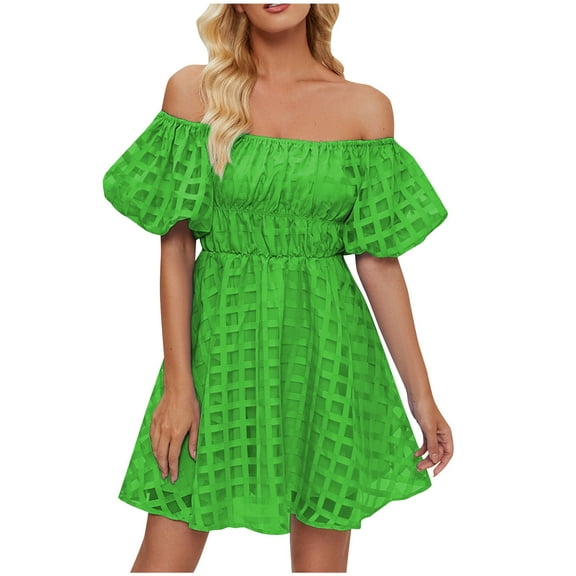 Plus Size Dresses for Women 2026 Fashion Off The Shoulder Bubble Short Sleeve Pleated High Waist Dress