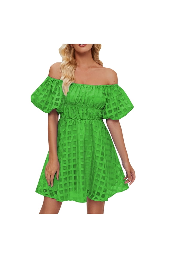 Plus Size Dresses for Women 2026 Fashion Off The Shoulder Bubble Short Sleeve Pleated High Waist Dress