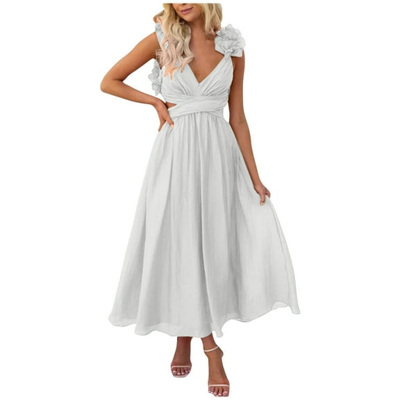 Plus Size Dresses for Women 2026 Fashion Sleeveless Solid Color Lace Pleated Skirt Dress Short Sleeve V-neck Ankle-length Dress