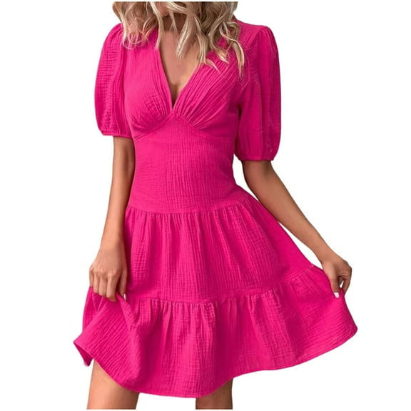 Plus Size Dresses for Women 2026 Fashion Solid Color Slim High-waist V-neck Mid-sleeve Dress Short Sleeve V-neck Knee-length Dress