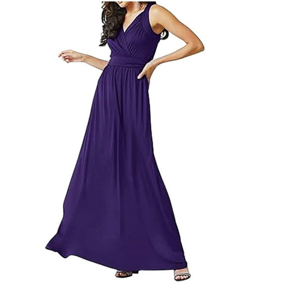 Plus Size Dresses for Womens 2025 Fashion Classic Solid V-Neck Sleeveless Waist Wrapped Evening Dress