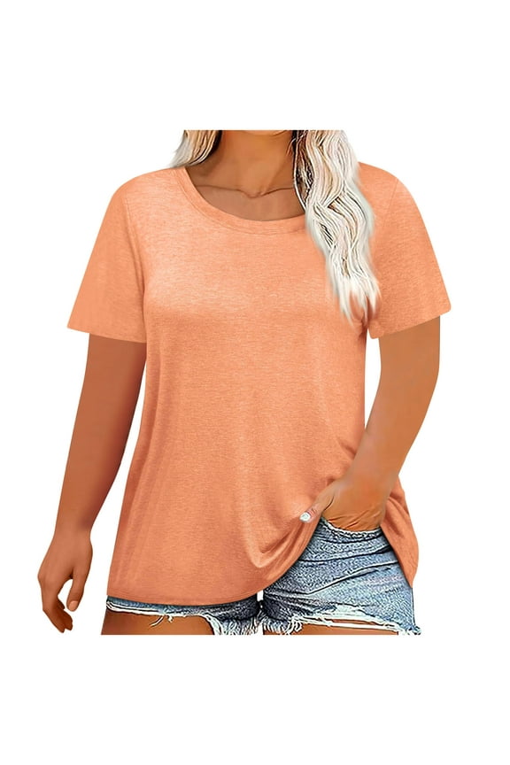 Plus Size Shirts for Women Horkkom Summer Crew Neck Solid Color Short Sleeve Shirts Soft Comfy Casual Tops Orange 3XL