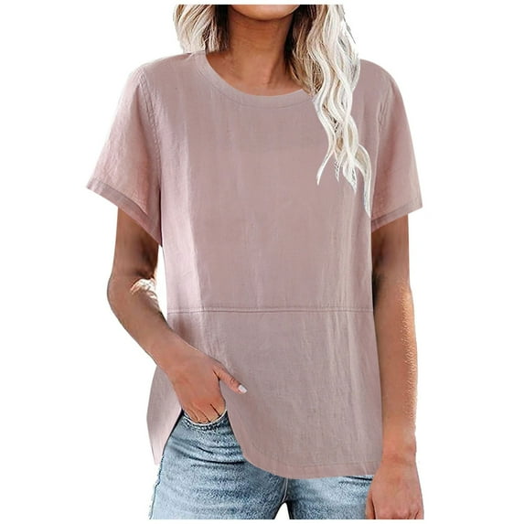 Plus Size Shirts for Womens 2026 Fashion Cotton Linen Loose Casual Full Crew-neck Short-sleeved Shirts Tops