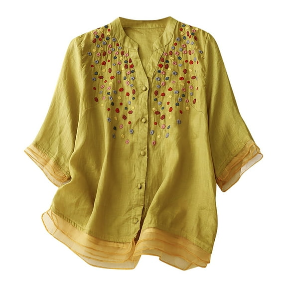 Plus Size Shirts for Womens 2024 Fashion Cotton Linen Loose Cotton Embroidery Mesh V-neck Shirt Woman