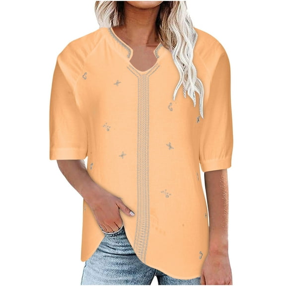 Plus Size Shirts for Womens 2026 Fashion Cotton Linen V-neck Short Sleeved Solid Color T-shirt Tops