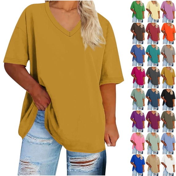 Plus Size Shirts for Womens 2025 V-neck Short Sleeved Solid Summer Base Shirt Sports T-shirt