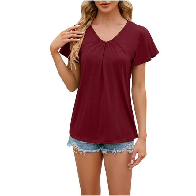 Plus Size Tops for Womens 2025 Fashion Casual Solid Color Short Sleeve V-Neck Blouses Shirts