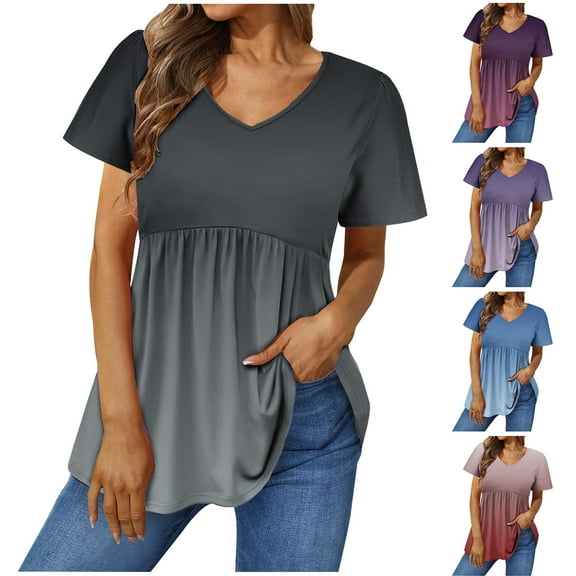 Plus Size Tops for Womens 2025 Fashion Casual V-neck Gradient Printed Short Sleeved Top