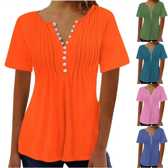 Plus Size Tops for Womens 2025 Fashion Printed V-neck Button Up Short Seeved Top