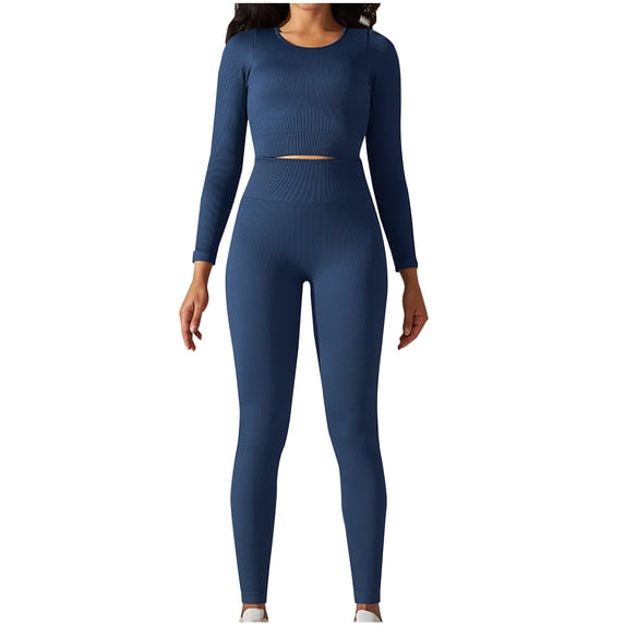 Plus Size Workout Sets for Women 2 Piece High Waisted Casual Spring Long Sleeve Round-Neck Blouses & Shirts Sets