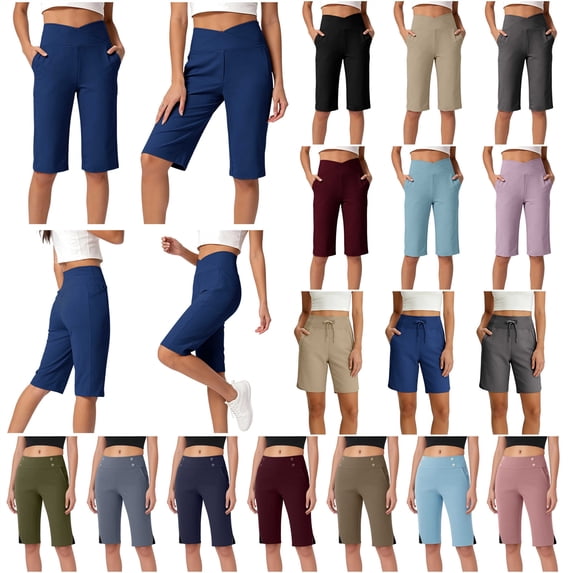 QATAINLAV Bermuda Shorts for Women Stretchy High Waisted Side Slits Straight Leg Shorts Solid Casual Knee Length Cropped Pants with Pockets Navy S