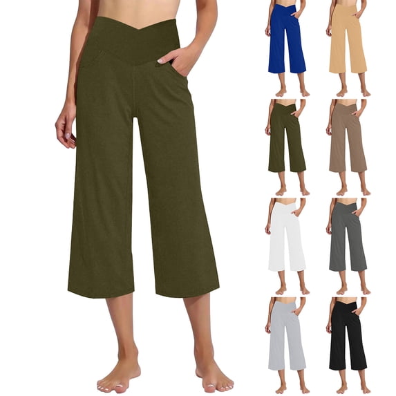 QATAINLAV Capris for Women Crossover High Waisted Wide Leg Yoga Pants Casual Stretch Summer Cropped Sweatpants with Pockets White S