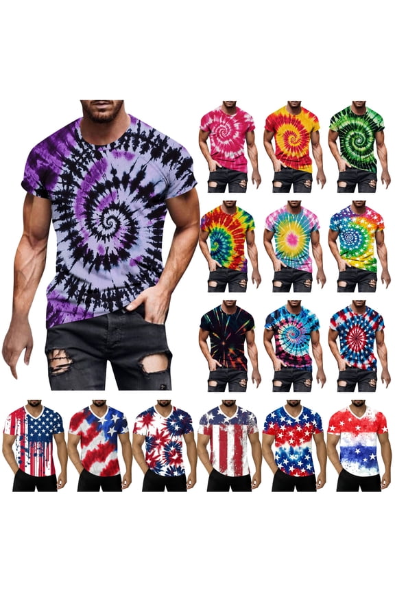 Mens Shirts Fashion Tie Dye Print Short Sleeve Tshirt Casual Crew Neck Cotton Summer Tees Tops Streetwear Pink M