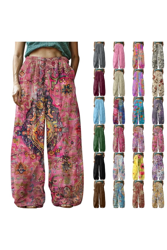 Womens Wide Leg Pants Loose Fit Boho Flowy Beach Pants 2025 Summer Linen High Waisted Lounge Trousers with Pockets Multicolor M