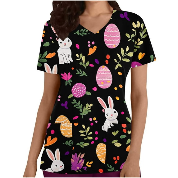 Rciityk Black Easter Scrub Tops Women Plus Size Bunny Eggs Print Short Sleeve V Neck Stretchy Holiday Nurse Working Uniform with Pocket
