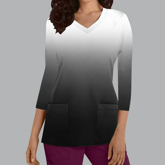 Rciityk Black Scrub Tops Women Nurse Uniform Shirts with Pockets Casual Gradient Print V Neck 3/4 Sleeve Medicals Blouse