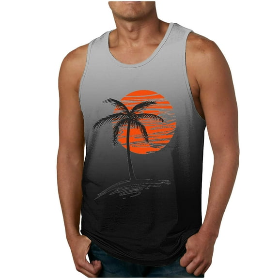 Rciityk Dark Gray Palm Tree Tanks Tops for Mens Cool Printed Graphic Sleeveless Beach Vacation Tank Top Muscle Shirt for Workout Athletic Jogging