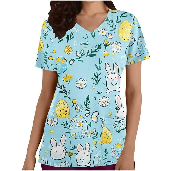 Rciityk Easter Scrub Tops Women Plus Size Bunny Eggs Print Short Sleeve V Neck Stretchy Holiday Nurse Working Uniform with Pocket
