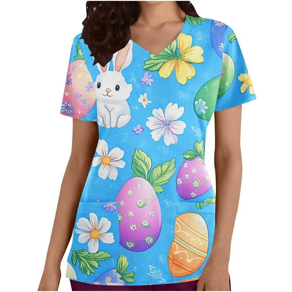 Rciityk Easter Scrub Tops Women Plus Size Bunny Eggs Print Short Sleeve V Neck Stretchy Holiday Nurse Working Uniform with Pocket
