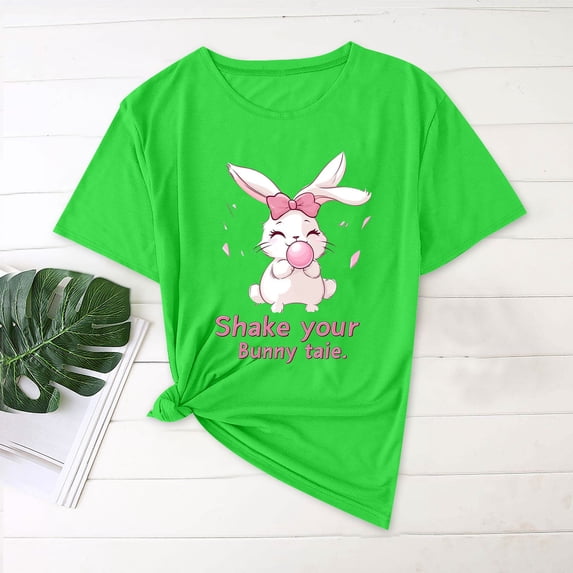 Rciityk Easter T Shirts for Women Summer Round Neck Cute Rabbits Graphic Tee Casual Loose Short Sleeve Oversized Shirts