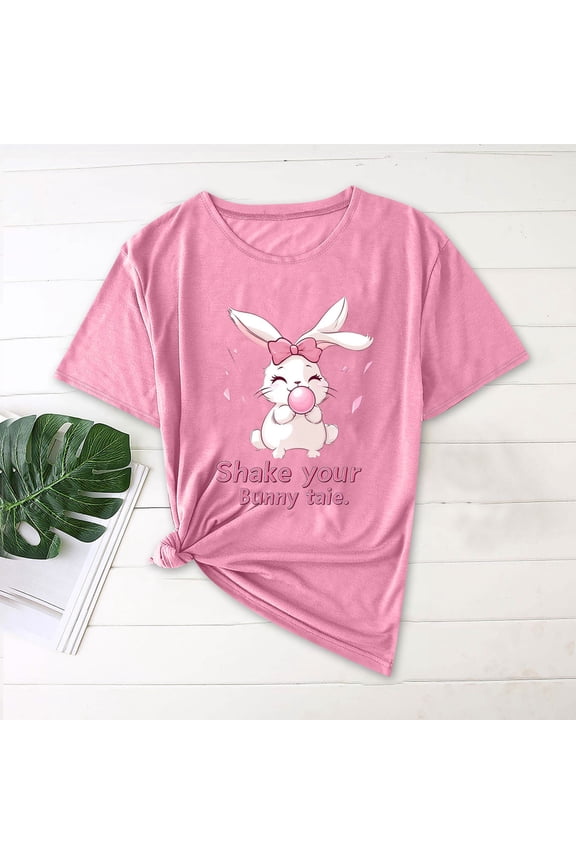 Easter T Shirts for Women Summer Round Neck Cute Rabbits Graphic Tee Casual Loose Short Sleeve Oversized Shirts
