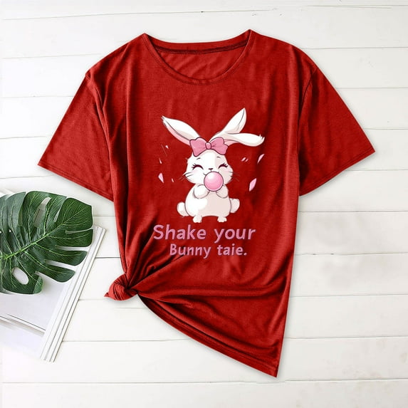 Rciityk Easter T Shirts for Women Summer Round Neck Cute Rabbits Graphic Tee Casual Loose Short Sleeve Oversized Shirts