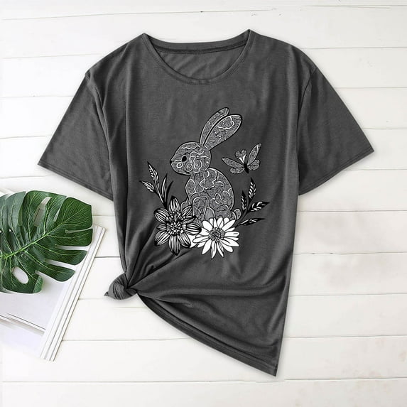 Rciityk Happy Easter Short Sleeve Shirts for Women Trendy Cute Rabbits Graphic T Shirts Casual Loose Crew Neck Summer Tops, Dark Gray L