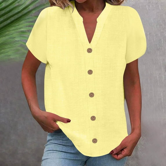 Summer Savings ! Rciityk Linen Button Up Shirts for Women Solid Color Short Sleeve Business Casual Summer V Neck Work Tops