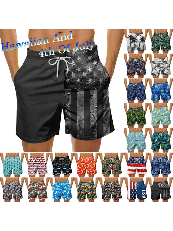 Men's Swim Trunks Hawaiian Bathing Suit Summer Beach Board Shorts Quickly Dry Elastic Waist Drawstring 7 inch Swimwear with Pockets