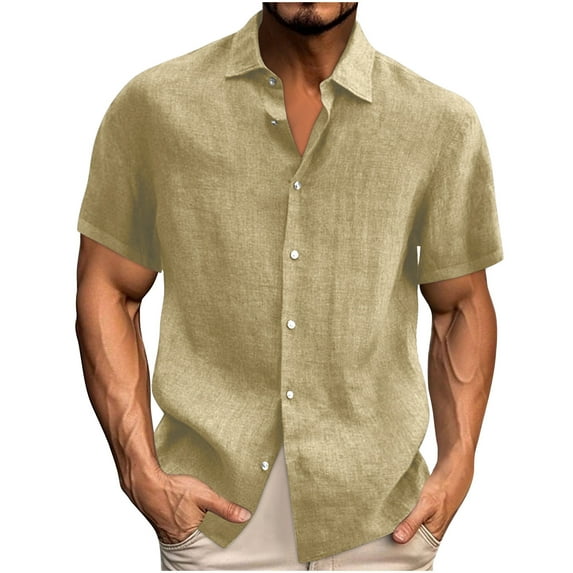 Summer Savings ! Rciityk Men's T-Shirts Classic Casual Linen Short Sleeve Tee Summer Casual Solid Color Button Up Closure Shirts, Khaki L