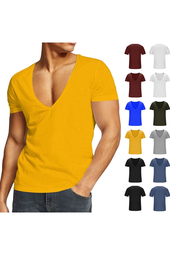 Men's T-Shirts Deep V Neck Short Sleeve Muscle Shirts Solid Color Summer Workout Running Gym Pullover Tee Top