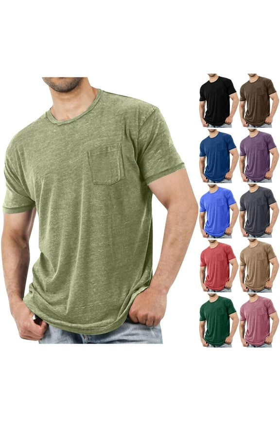 Mens Short Sleeve Shirts Solid Color Workout Crew Neck T-Shirts Summer Casual Athletic Tee Shirts with Pocket, Black L