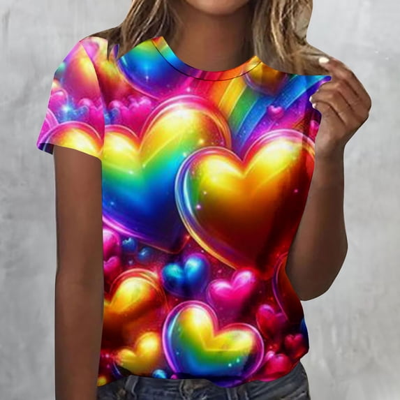 Rciityk Oversized Tshirts for Women Fashion Love Flower Print Short Sleeve Crew Neck Shirts Summer Casual Loose Tee Blouses