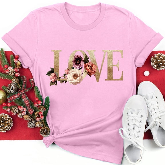 Rciityk Oversized Tshirts for Women Fashion Love Flower Print Short Sleeve Crew Neck Shirts Summer Casual Loose Tee Blouses