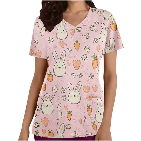 Rciityk Pinks Easter Scrub Tops Women Plus Size Bunny Eggs Print Short Sleeve V Neck Stretchy Holiday Nurse Working Uniform with Pocket