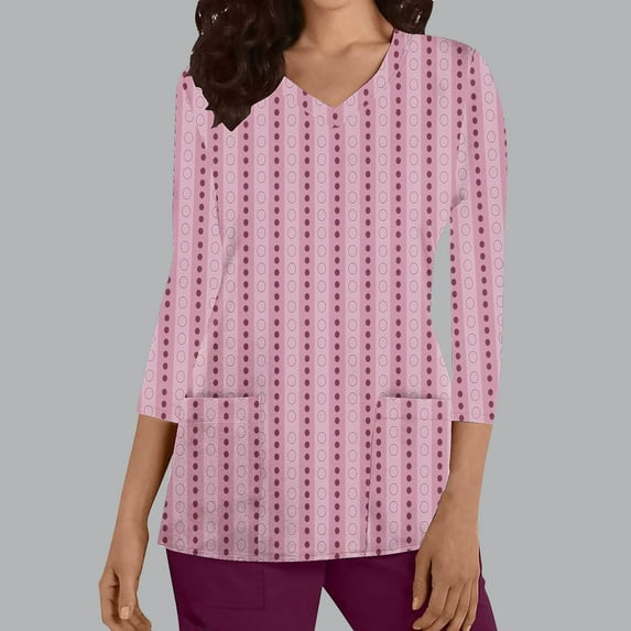 Rciityk Pinks Scrub Tops Women Nurse Uniform Shirts with Pockets Casual Striped Printed V Neck 3/4 Sleeve Medicals Blouse
