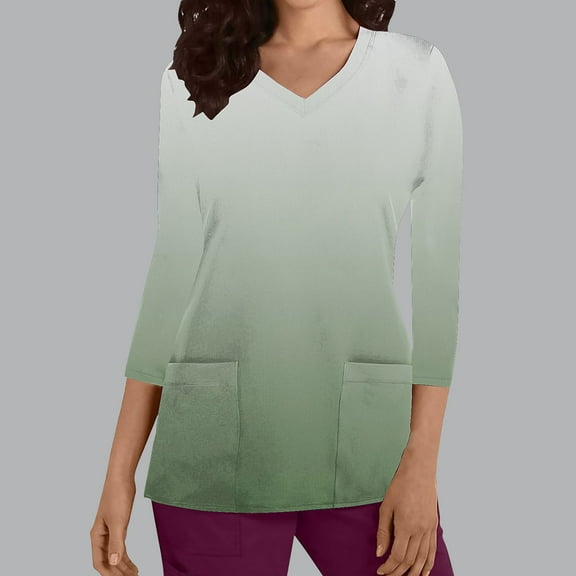 Rciityk Scrub Tops Women Nurse Uniform Shirts with Pockets Casual Gradient Print V Neck 3/4 Sleeve Medicals Blouse