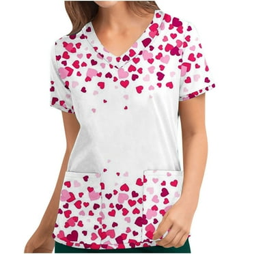 Summer Savings! Rciityk Scrub for Women Casual V Neck Short Sleeve Nursing Tops Summer Fashion Heart Graphic Print Holiday Scrub Tops with Pockets - Spring/Summer Clearance