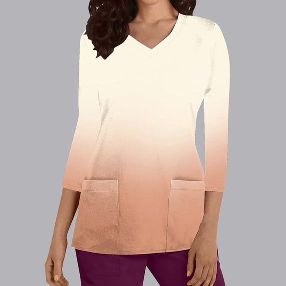 Rciityk Scrub for Women Tops V Neck 3/4 Sleeve Nursing Uniform Fashion Gradient Print Workwear Medicals Blouse with Pocket