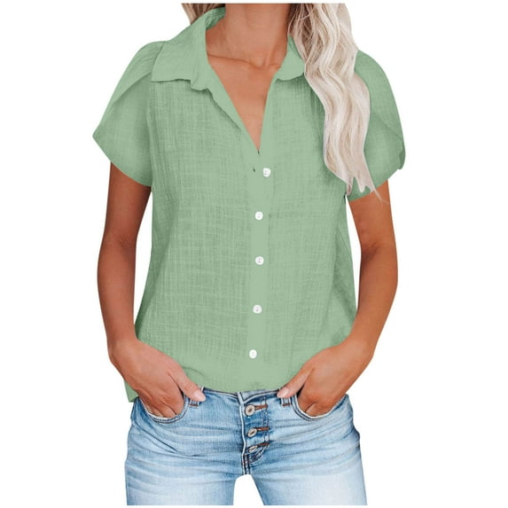 Summer Savings ! Rciityk Short Sleeve Shirts for Women Summer Basic Button Up Blouses Dressy Solid Color Casual V Neck T-Shirts