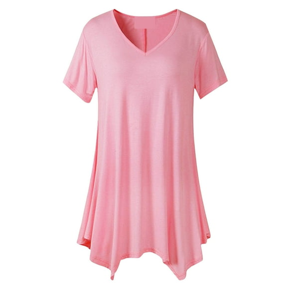 Rciityk Summer Tops for Women Casual Loose Short Sleeve Shirts Solid Color V Neck T Shirts Lightweight Tunic Tops, Pink L