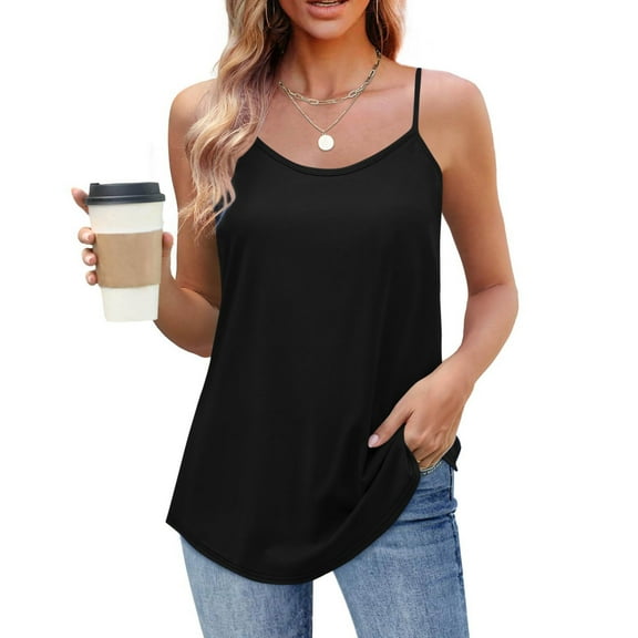 Rciityk Tank Top for Women Summer Round Neck Sleeveless Spaghetti Strap Tops Casual Loose Fits Solid Color Dressy Tees Beach Vacation Clothes