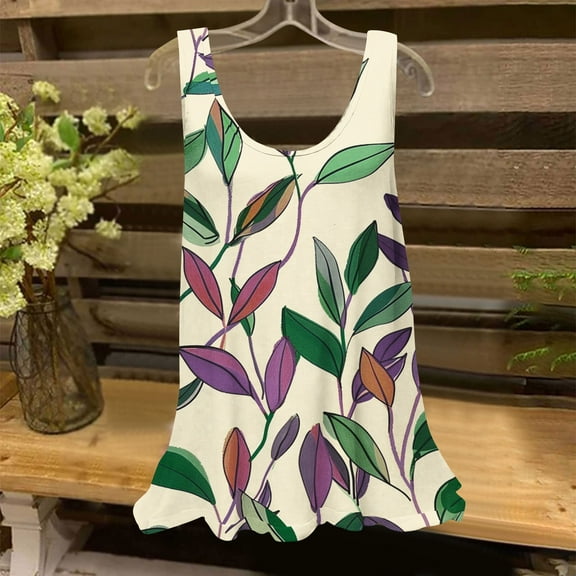 Rciityk Tank Top for Women Summer Round Neck Sleeveless Tunic Shirts Casual Loose Fits Floral Print Dressy Tees Beach Vacation Clothes, Khaki L