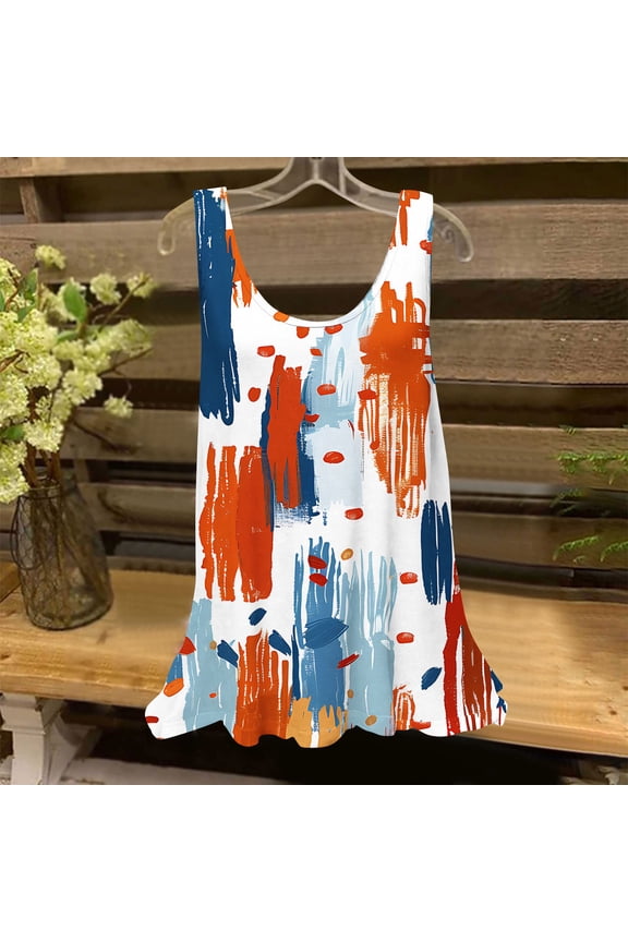 Tank Top for Women Summer Round Neck Sleeveless Tunic Shirts Casual Loose Fits Floral Print Dressy Tees Beach Vacation Clothes, Orange L