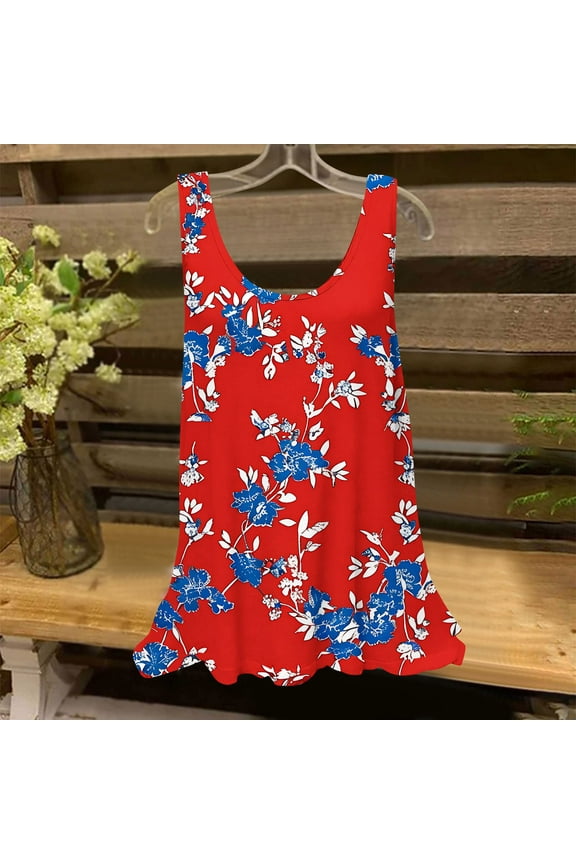 Tank Top for Women Summer Round Neck Sleeveless Tunic Shirts Casual Loose Fits Floral Print Dressy Tees Beach Vacation Clothes