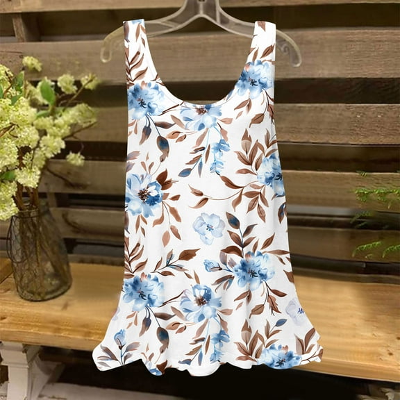 Rciityk Tank Top for Women Summer Round Neck Sleeveless Tunic Shirts Casual Loose Fits Floral Print Dressy Tees Beach Vacation Clothes, White L
